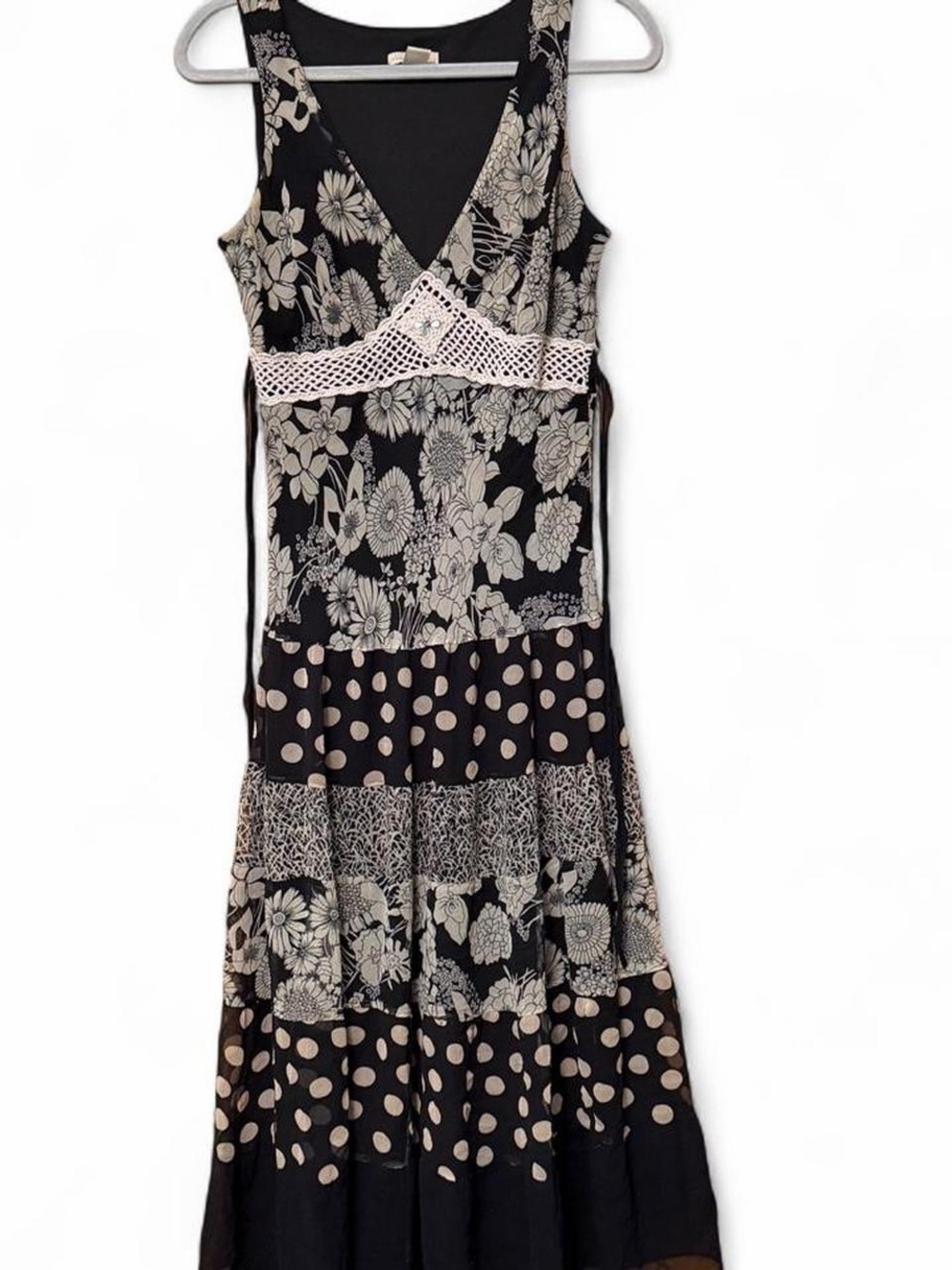 Johnathan Martin multi patterned black and white midi dress with crochet detail